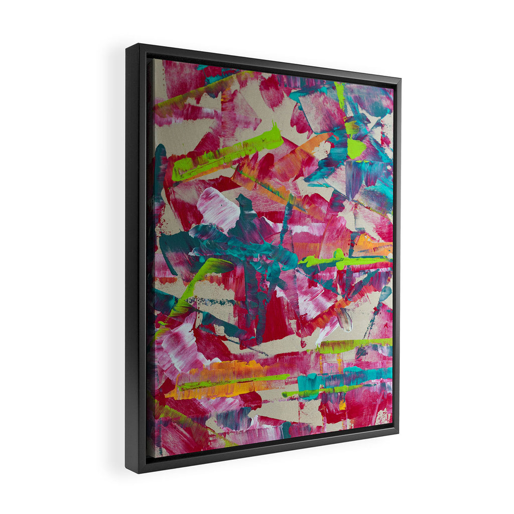 Confetti: A colorful abstract design in neon pink, neon green, and neon blue Framed Canvas Print Gallery Image 2