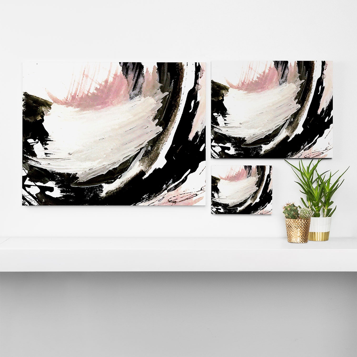 Crash: an abstract mixed media piece in black white and pink Canvas Print Gallery Image 3