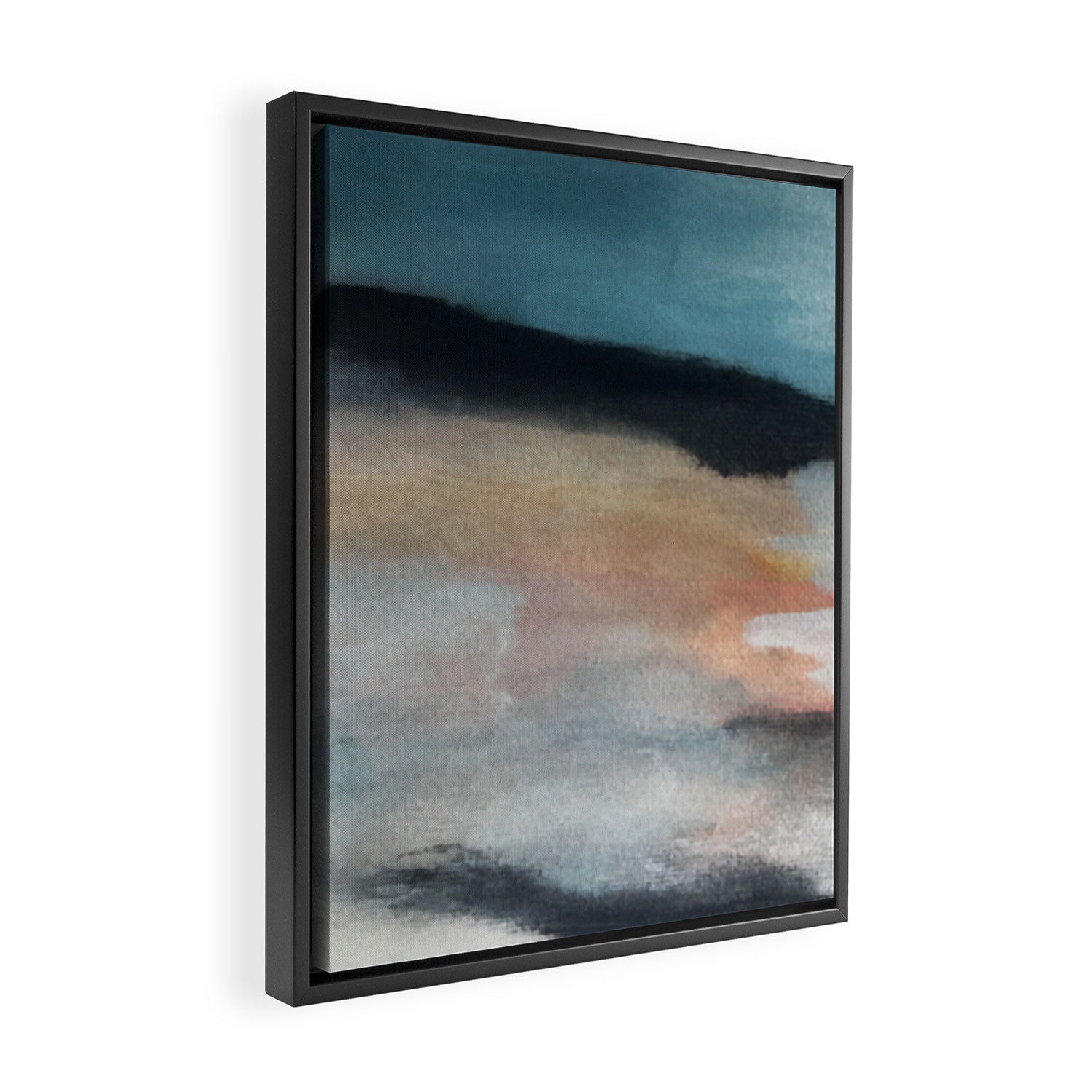 Dawn: a minimal abstract acrylic piece in pink, blues, yellow, and white Framed Canvas Print Gallery Image 2