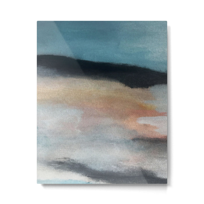 Dawn: a minimal abstract acrylic piece in pink, blues, yellow, and white Metal Print Gallery Image 1
