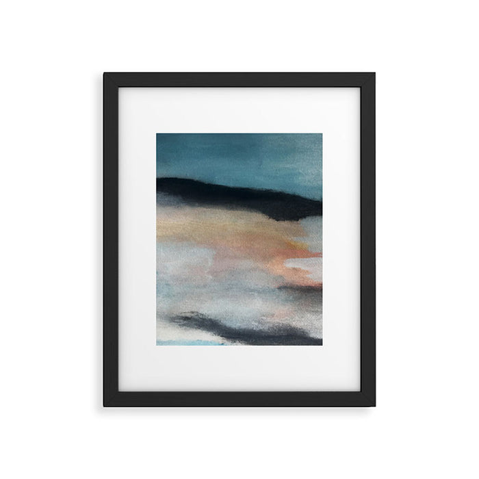 Dawn: a minimal abstract acrylic piece in pink, blues, yellow, and white Framed Art Print Gallery Image 1