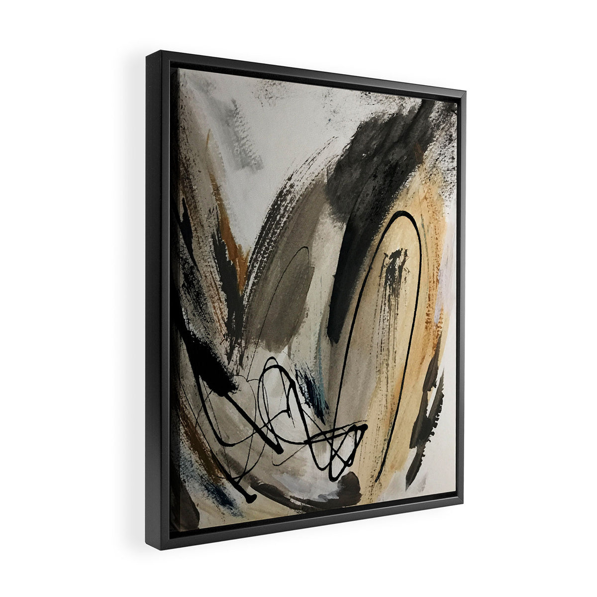 Drift [5]: a neutral abstract mixed media piece in black, white, gray, brown Framed Canvas Print Gallery Image 2