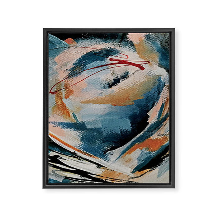 Drift 6: a bold mixed media piece in blues, brown, pink and red Framed Canvas Print Gallery Image 1