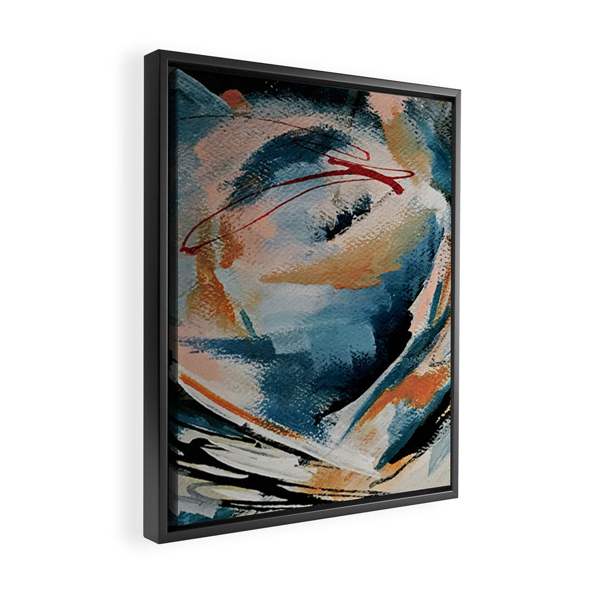 Drift 6: a bold mixed media piece in blues, brown, pink and red Framed Canvas Print Gallery Image 2