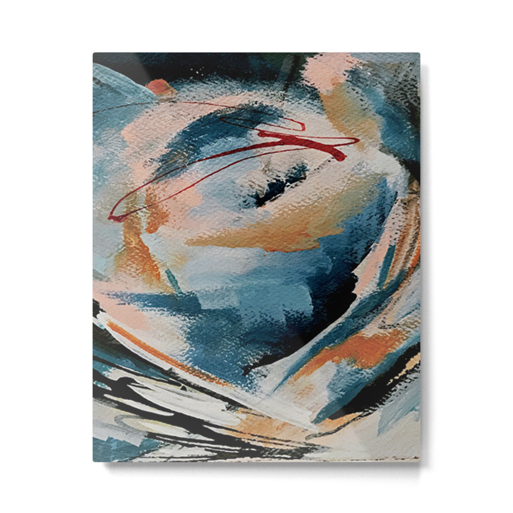 Drift 6: a bold mixed media piece in blues, brown, pink and red Metal Print Gallery Image 6