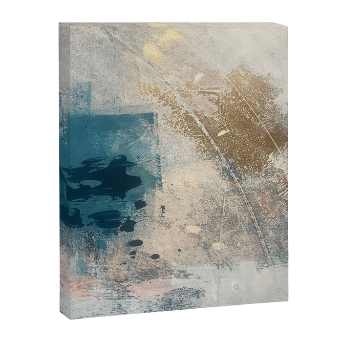 Embrace: a minimal, abstract mixed-media piece in blues and gold with a hint of pink Canvas Print Gallery Image 1