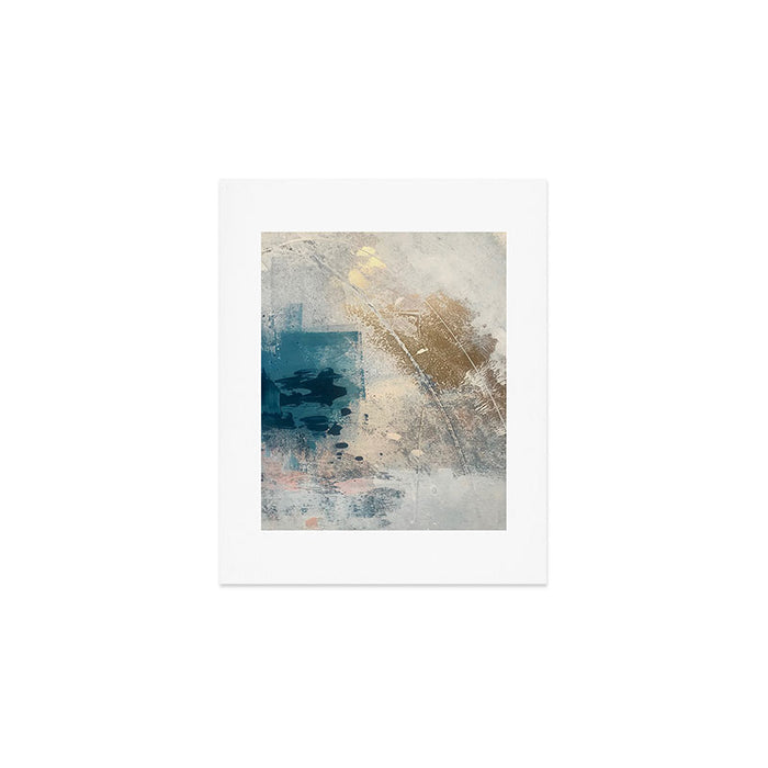 Embrace: a minimal, abstract mixed-media piece in blues and gold with a hint of pink Art Print Gallery Image 1