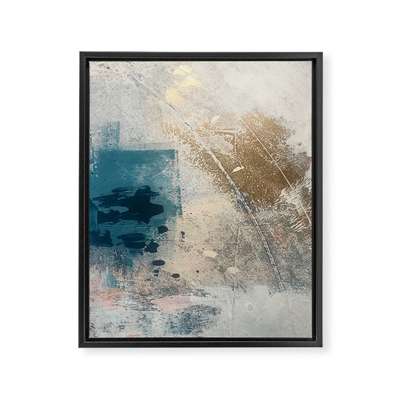 Embrace: a minimal, abstract mixed-media piece in blues and gold with a hint of pink Framed Canvas Print Gallery Image 6