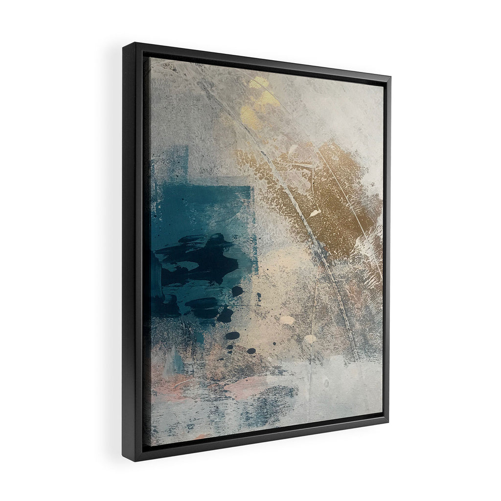 Embrace: a minimal, abstract mixed-media piece in blues and gold with a hint of pink Framed Canvas Print Gallery Image 2