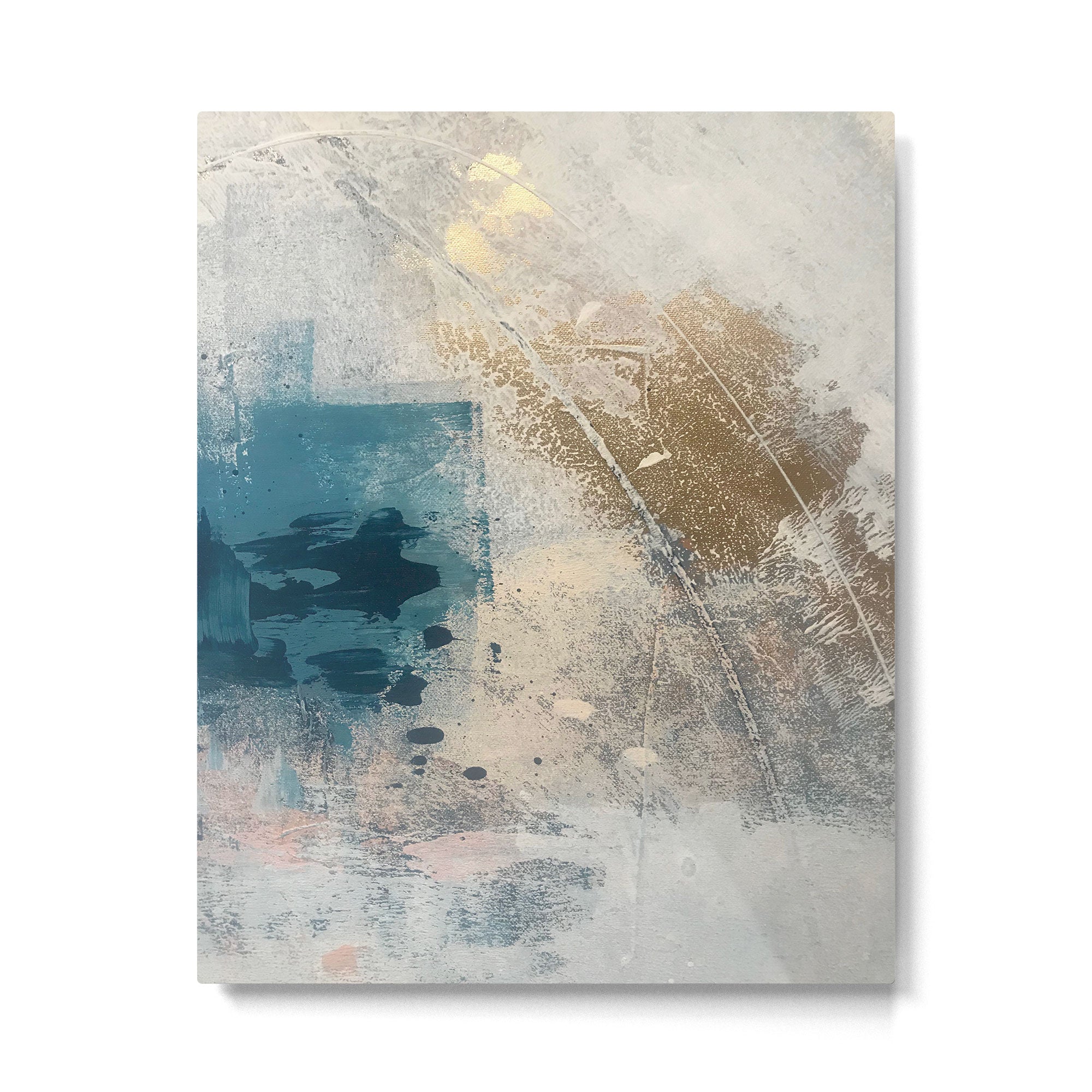 Embrace: a minimal, abstract mixed-media piece in blues and gold with a hint of pink Metal Print Gallery Image 4