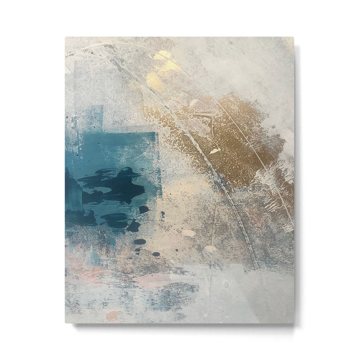 Embrace: a minimal, abstract mixed-media piece in blues and gold with a hint of pink Metal Print Gallery Image 1