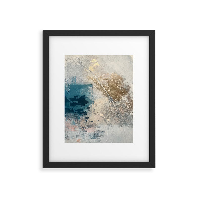 Embrace: a minimal, abstract mixed-media piece in blues and gold with a hint of pink Framed Art Print Gallery Image 5