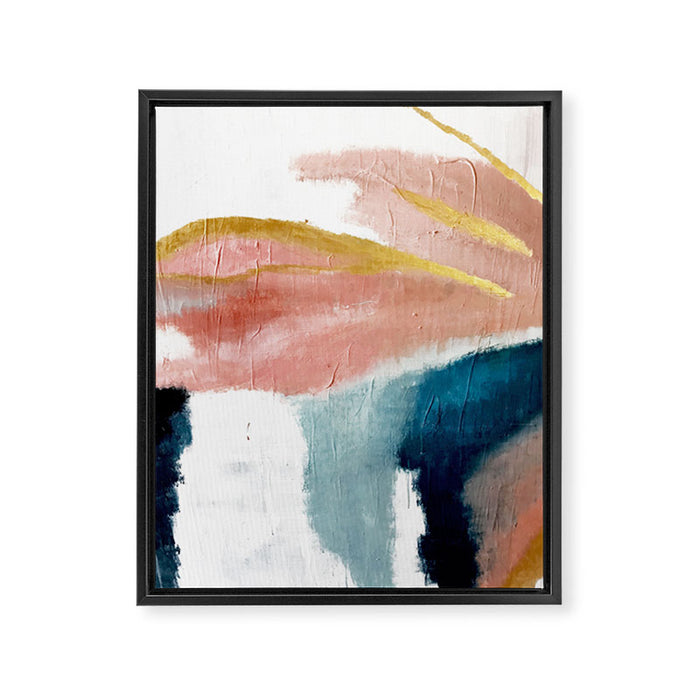 Exhale: a pretty, minimal, acrylic piece in pinks, blues, and gold Framed Canvas Print Gallery Image 1