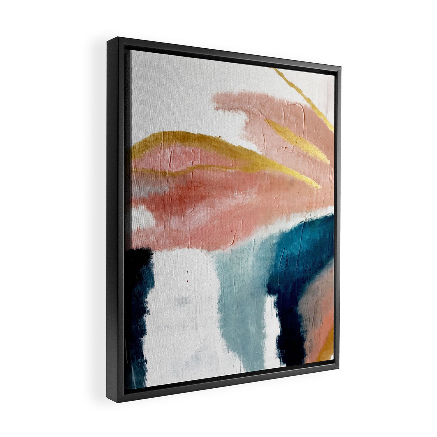 Exhale: a pretty, minimal, acrylic piece in pinks, blues, and gold Framed Canvas Print Gallery Image 2