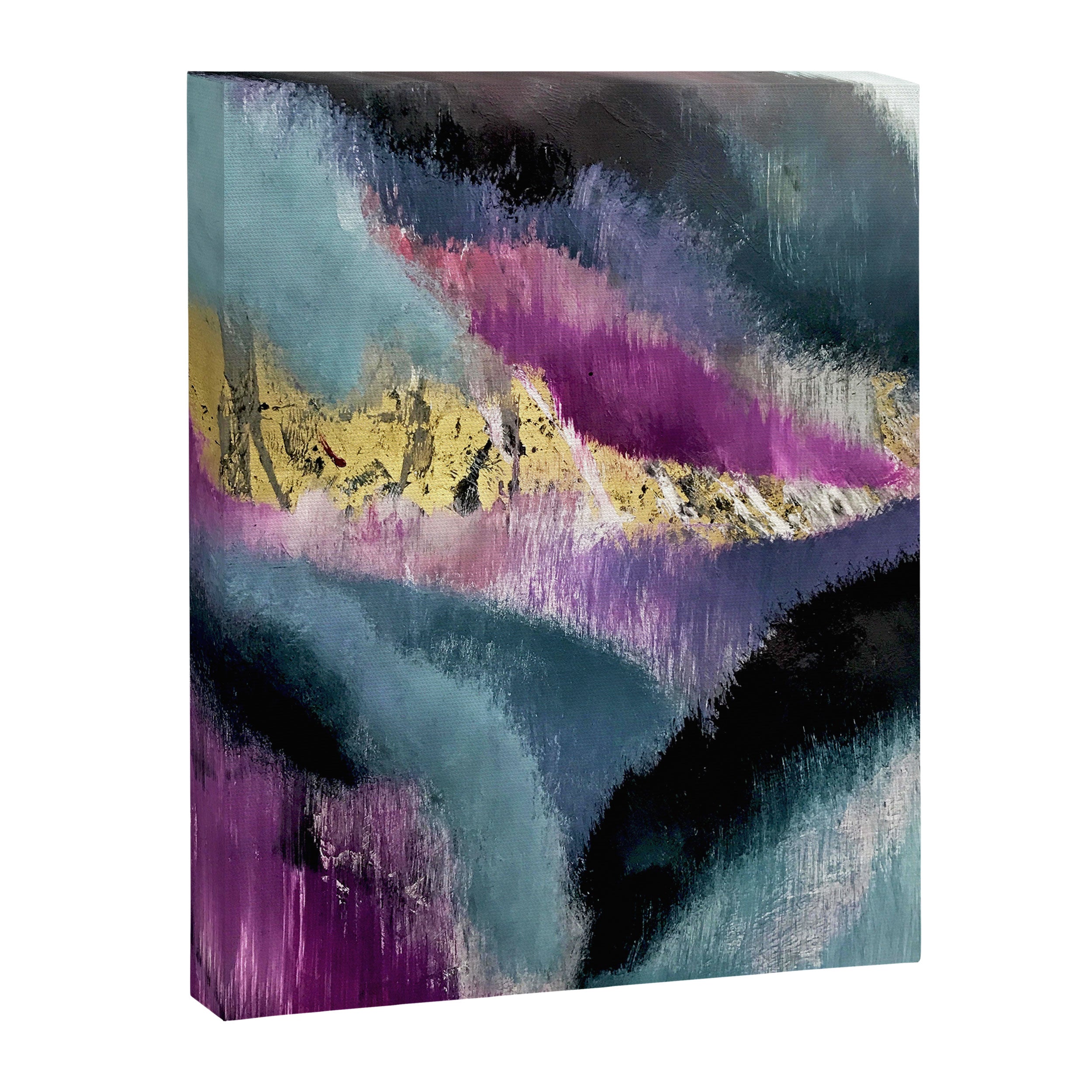 Gemini: a vibrant, colorful abstract piece in gold, purple, blue, black, and white Canvas Print Gallery Image 6