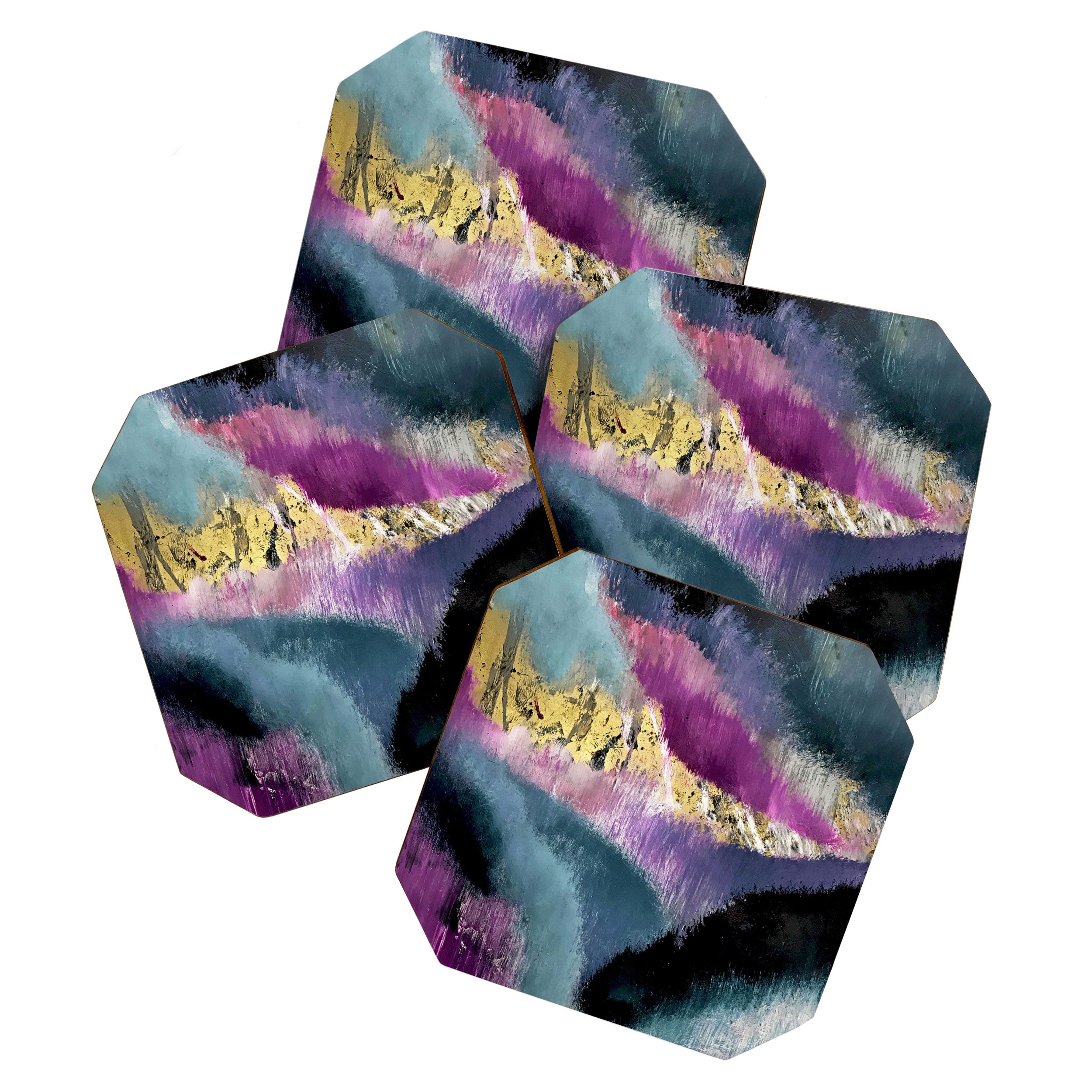 Gemini: a vibrant, colorful abstract piece in gold, purple, blue, black, and white Coaster Gallery Image 1
