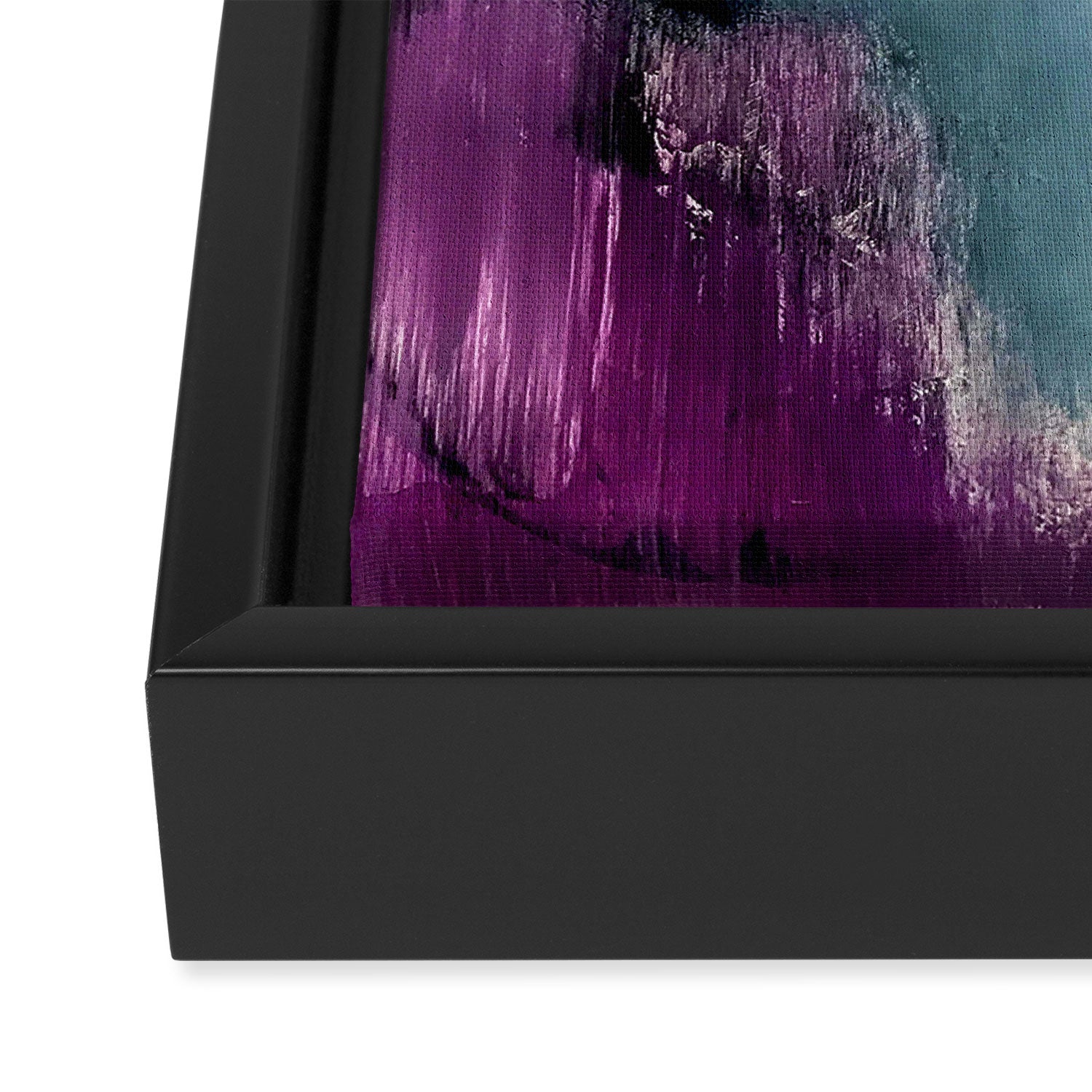 Gemini: a vibrant, colorful abstract piece in gold, purple, blue, black, and white Framed Canvas Print Gallery Image 3