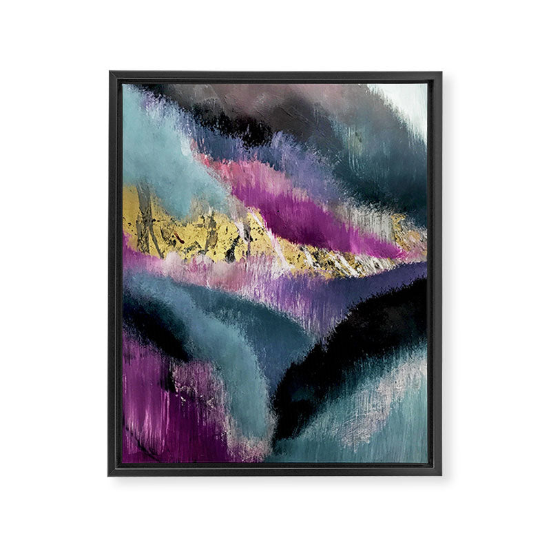 Gemini: a vibrant, colorful abstract piece in gold, purple, blue, black, and white Framed Canvas Print Gallery Image 6