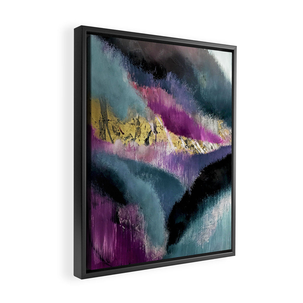 Gemini: a vibrant, colorful abstract piece in gold, purple, blue, black, and white Framed Canvas Print Gallery Image 2