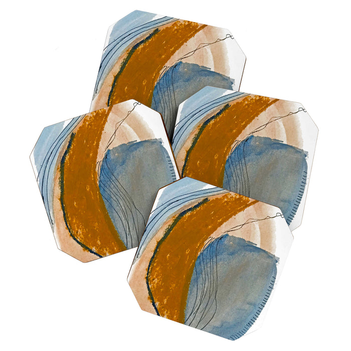 Gentle Breeze: a minimal, abstract mixed-media piece in blues and tans by Alyssa Hamilton Art Coaster Gallery Image 1
