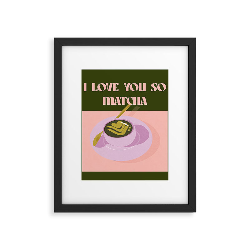 I love you so matcha - a matcha latte illustration in forest green and pink Framed Art Print Gallery Image 6