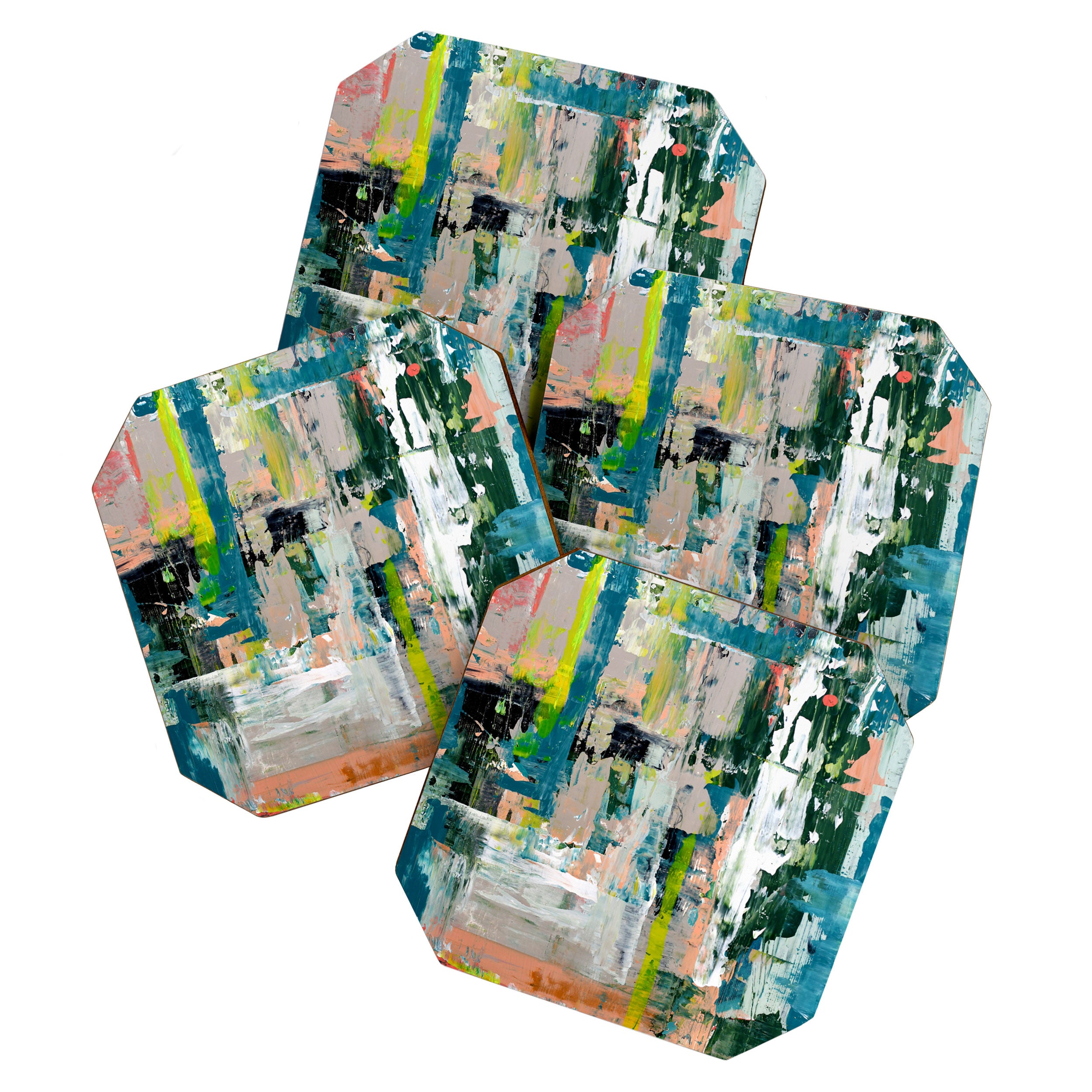 Imagine: A bright abstract painting in green, pink, and neon yellow by Alyssa Hamilton Art Coaster Gallery Image 1