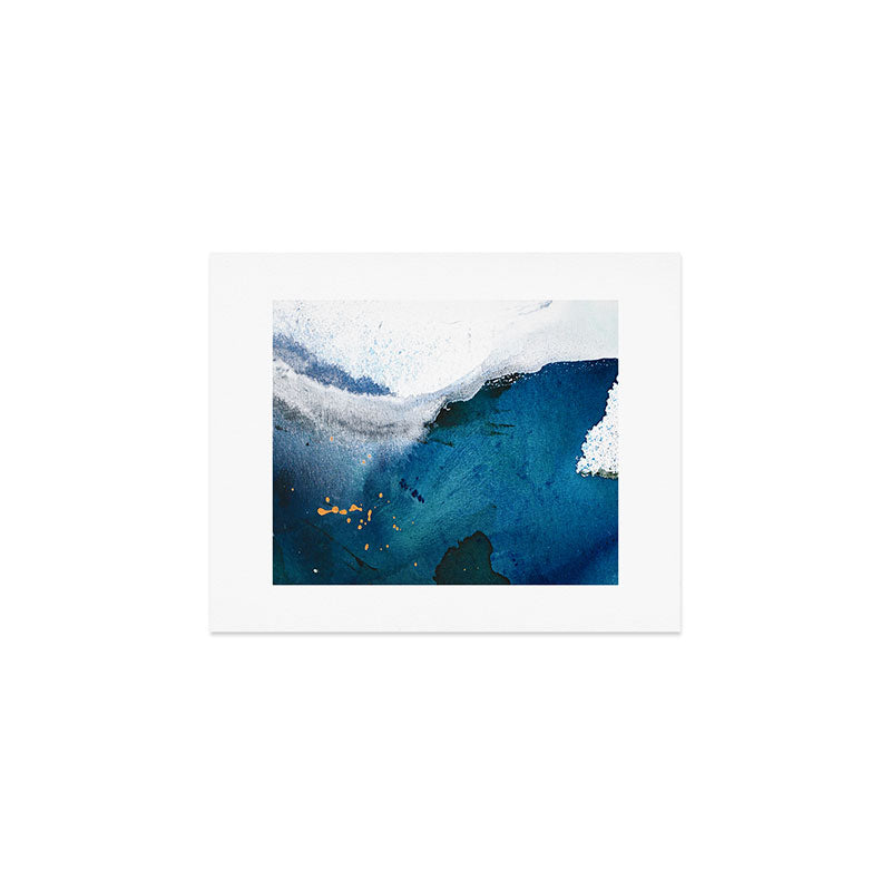 In the Surf: a vibrant minimal abstract painting in blues and gold Art Print Gallery Image 1