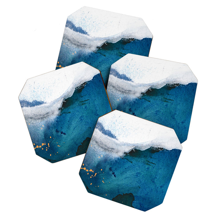 In the Surf: a vibrant minimal abstract painting in blues and gold Coaster Gallery Image 1