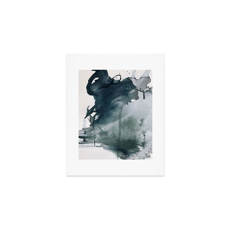 Lakeside: a minimal, abstract, watercolor and ink piece in shades of blue and green Art Print Gallery Image 1