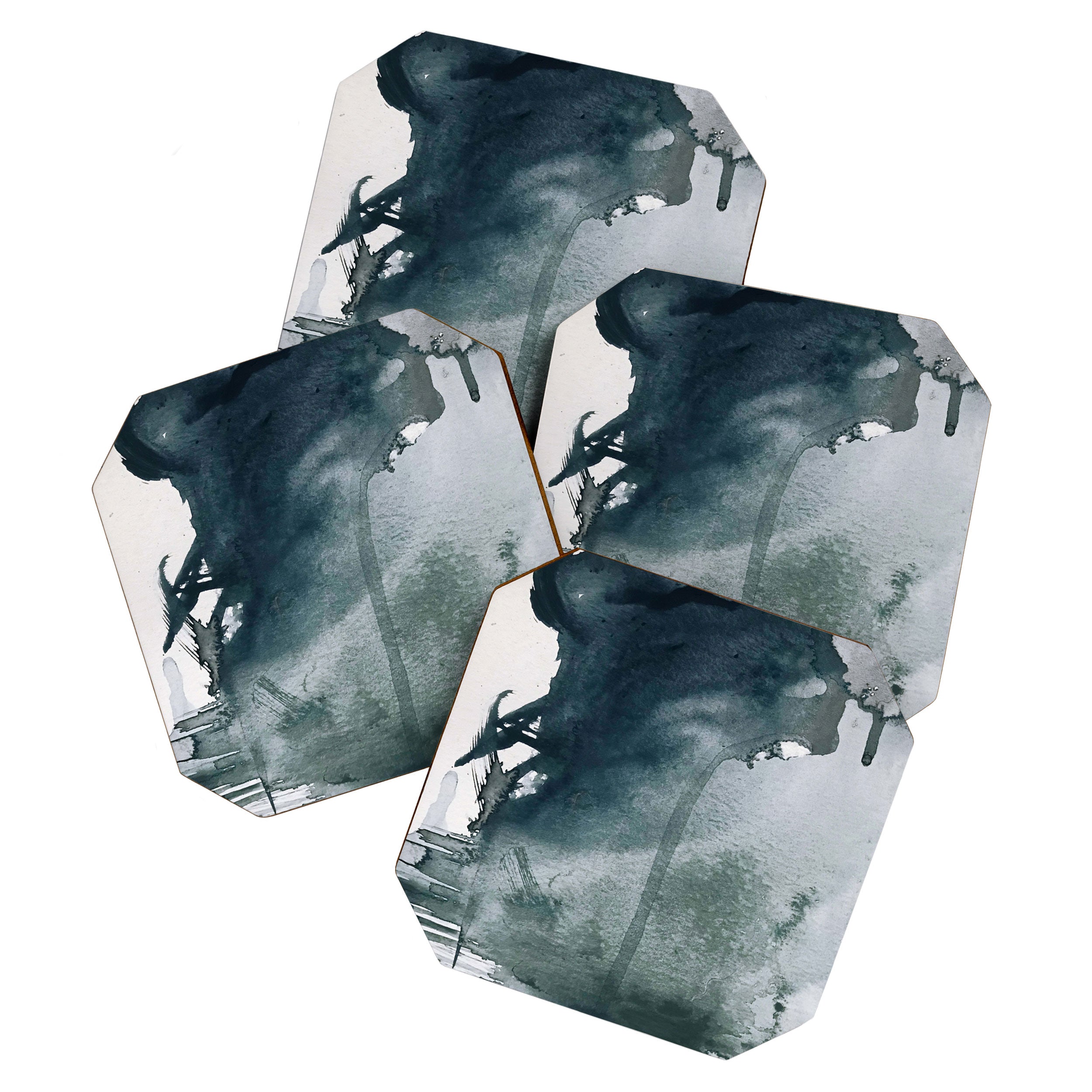 Lakeside: a minimal, abstract, watercolor and ink piece in shades of blue and green Coaster Gallery Image 1
