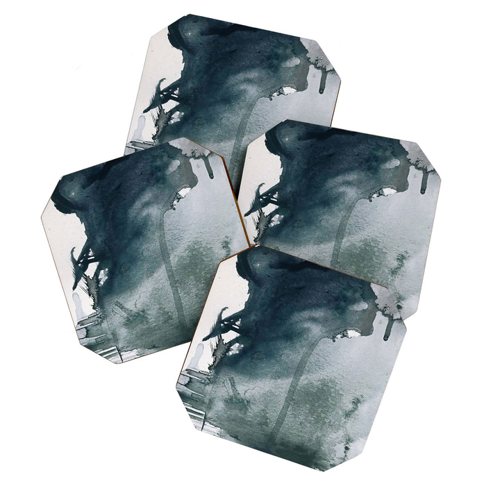 Lakeside: a minimal, abstract, watercolor and ink piece in shades of blue and green Coaster Gallery Image 1