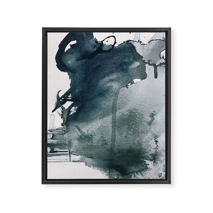 Lakeside: a minimal, abstract, watercolor and ink piece in shades of blue and green Framed Canvas Print Gallery Image 1