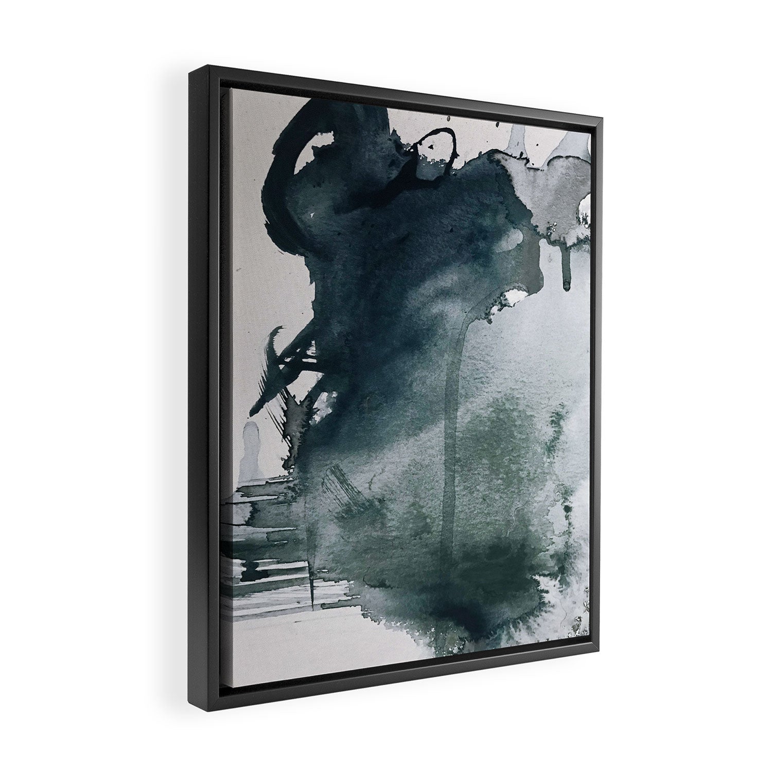 Lakeside: a minimal, abstract, watercolor and ink piece in shades of blue and green Framed Canvas Print Gallery Image 2