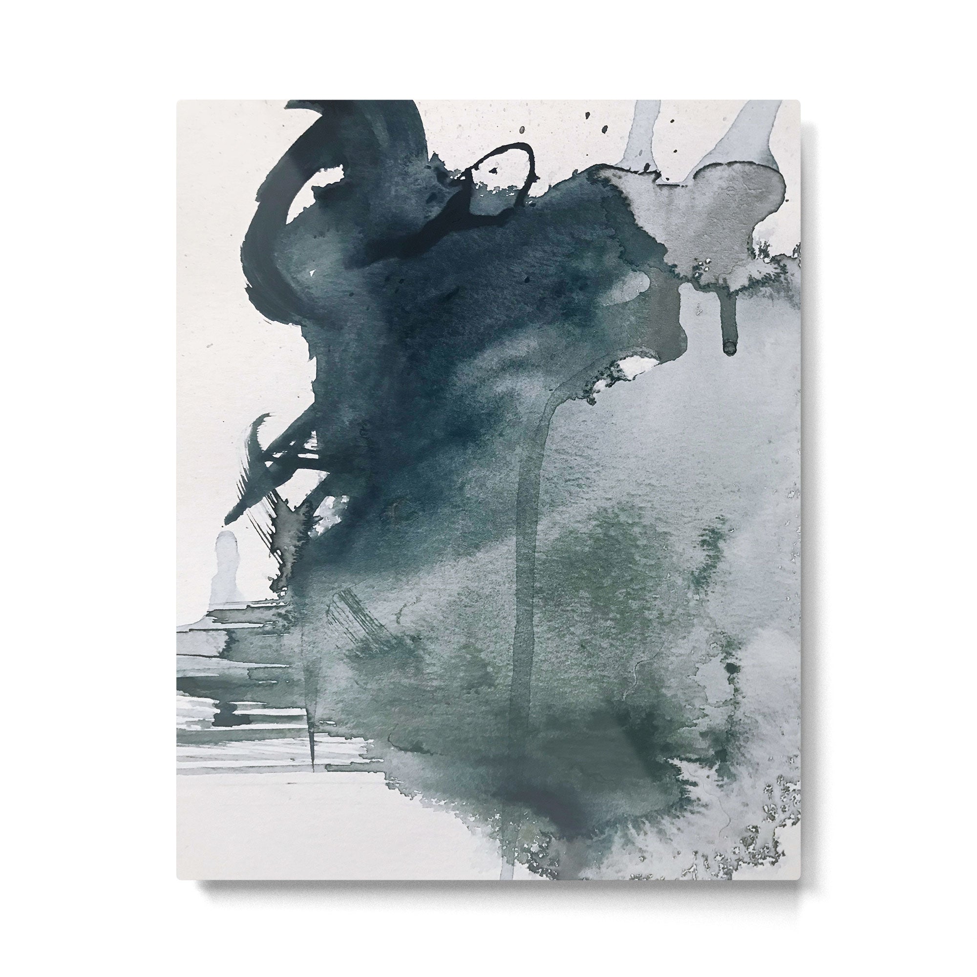 Lakeside: a minimal, abstract, watercolor and ink piece in shades of blue and green Metal Print Gallery Image 4