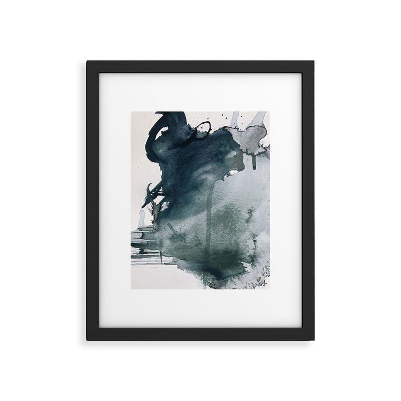 Lakeside: a minimal, abstract, watercolor and ink piece in shades of blue and green Framed Art Print Gallery Image 4