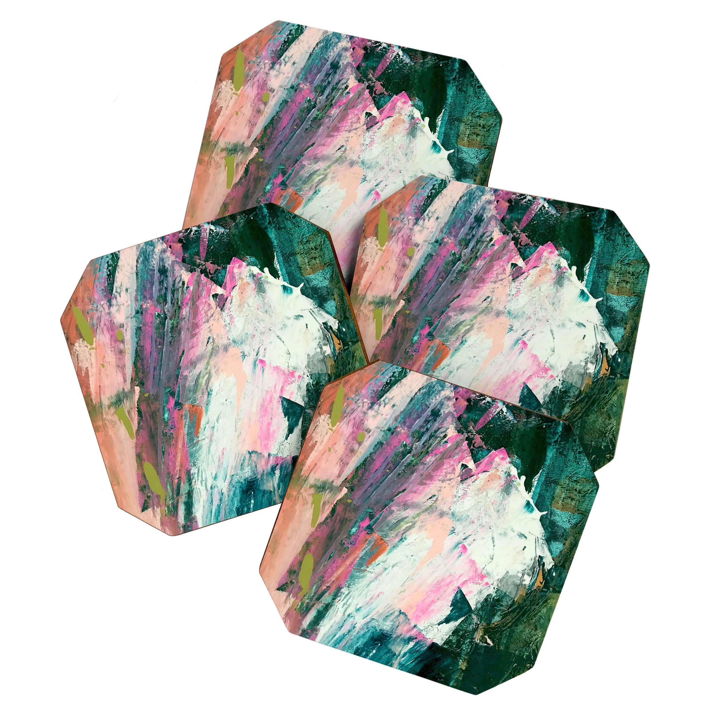 Meditate [2]: a vibrant, colorful abstract piece in bright green, teal, pink, orange, and white Coaster Gallery Image 1
