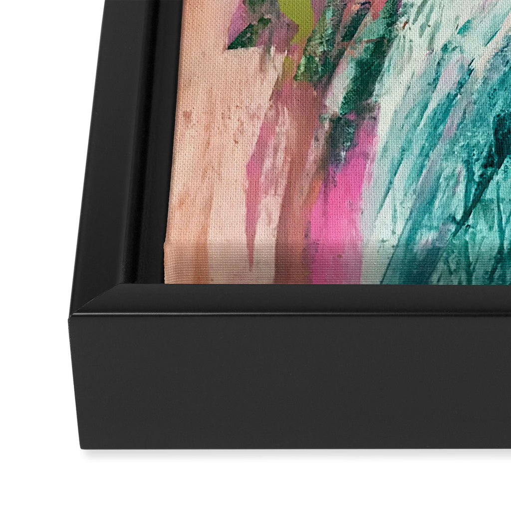 Meditate [2]: a vibrant, colorful abstract piece in bright green, teal, pink, orange, and white Framed Canvas Print Gallery Image 3
