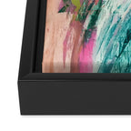 Meditate [2]: a vibrant, colorful abstract piece in bright green, teal, pink, orange, and white Framed Canvas Print Gallery Image 3