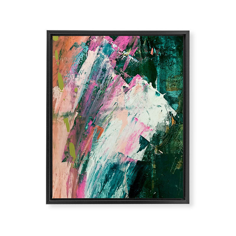 Meditate [2]: a vibrant, colorful abstract piece in bright green, teal, pink, orange, and white Framed Canvas Print Gallery Image 6