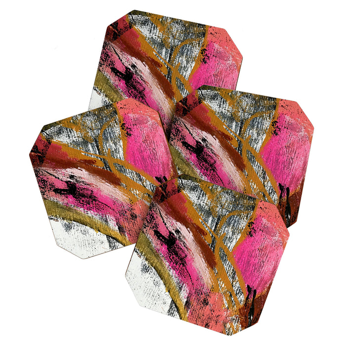 Motivation [3] : a colorful, vibrant abstract piece in pink red, gold, black and white Coaster Gallery Image 1