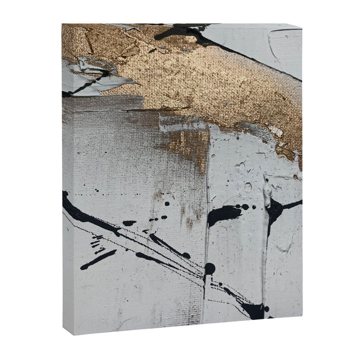 Still: an abstract mixed media piece in black, white, and gold by Alyssa Hamilton Art Canvas Print Gallery Image 1