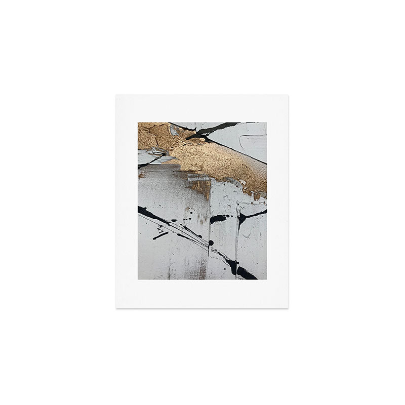 Still: an abstract mixed media piece in black, white, and gold by Alyssa Hamilton Art Art Print Gallery Image 1