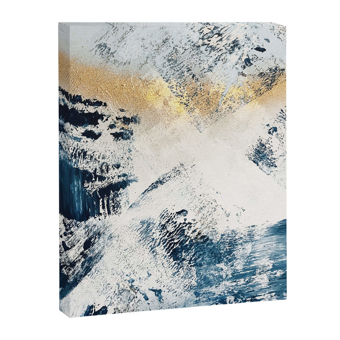 Sunset [1]: a bright, colorful abstract piece in blue, gold, and white by Alyssa Hamilton Art Canvas Print Gallery Image 1