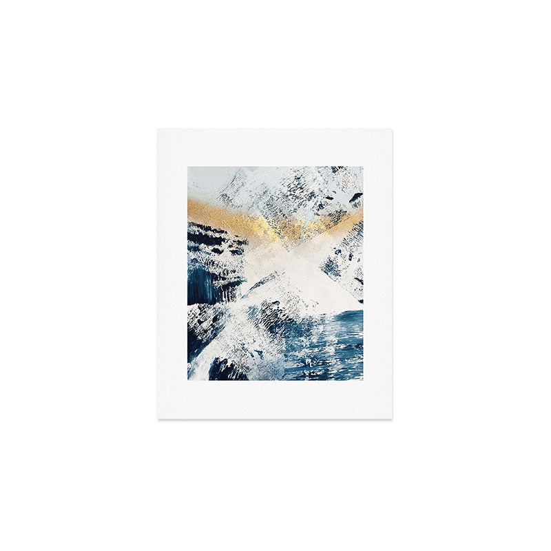 Sunset [1]: a bright, colorful abstract piece in blue, gold, and white by Alyssa Hamilton Art Art Print Gallery Image 1