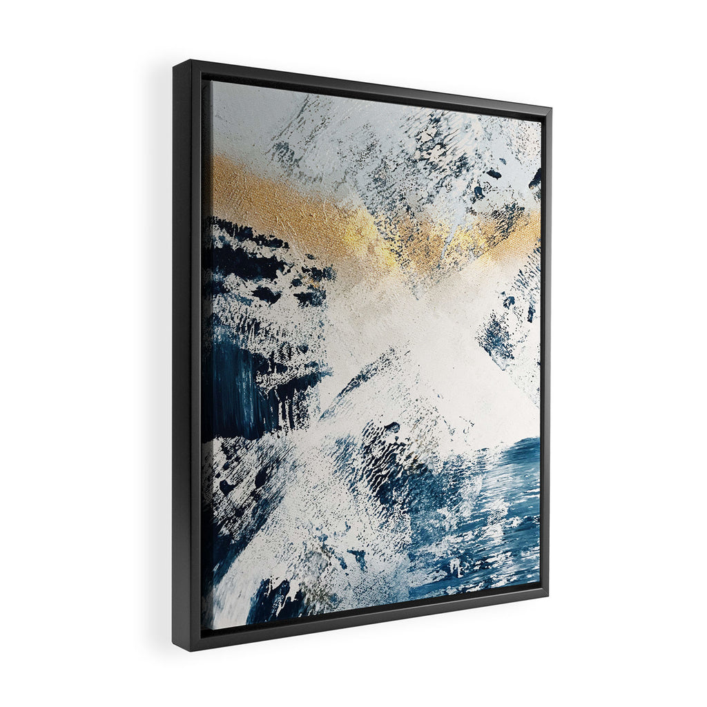 Sunset [1]: a bright, colorful abstract piece in blue, gold, and white by Alyssa Hamilton Art Framed Canvas Print Gallery Image 2