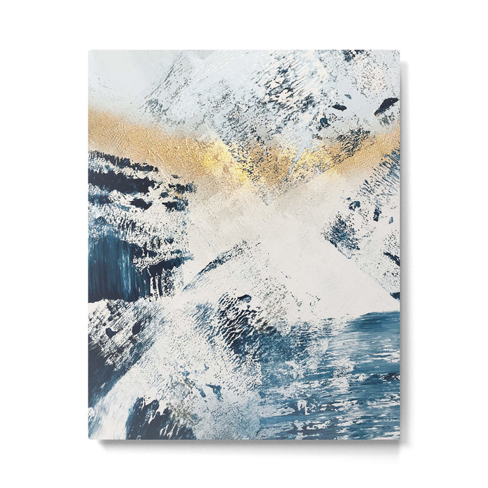 Sunset [1]: a bright, colorful abstract piece in blue, gold, and white by Alyssa Hamilton Art Metal Print Gallery Image 1