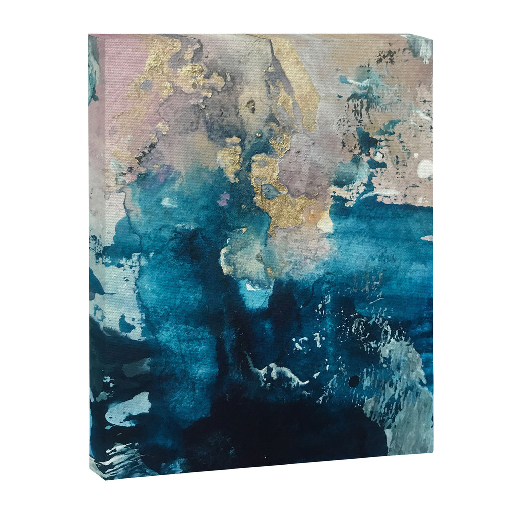 Timeless: A gorgeous, abstract mixed media piece in blue, pink, and gold by Alyssa Hamilton Art Canvas Print Gallery Image 6