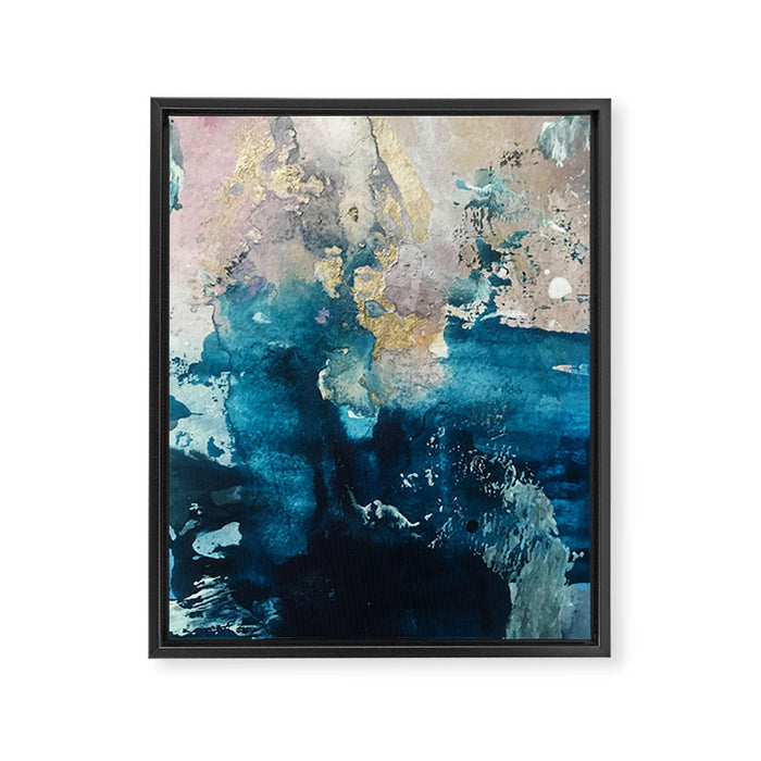 Timeless: A gorgeous, abstract mixed media piece in blue, pink, and gold by Alyssa Hamilton Art Framed Canvas Print Gallery Image 1