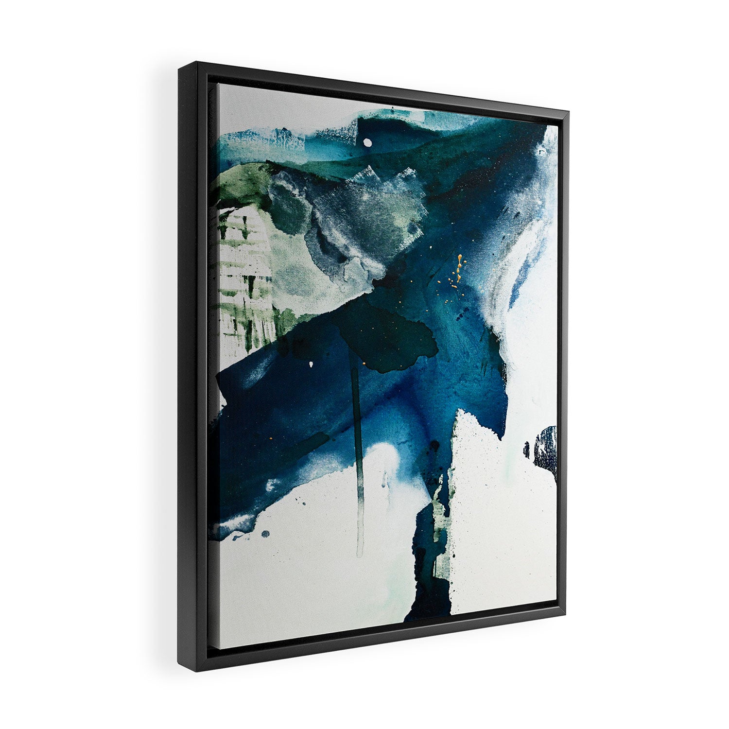 Untamed: a pretty, minimal, abstract painting in blue, white and gold by Alyssa Hamilton Art  Framed Canvas Print Gallery Image 2