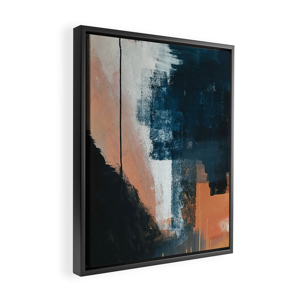 Vienna: a minimal, abstract mixed-media piece in pinks, blue, and white by Alyssa Hamilton Art Framed Canvas Print Gallery Image 2